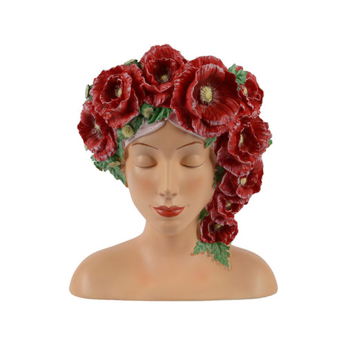 Red Polyresin Head Planter With Poppies (30 cm)