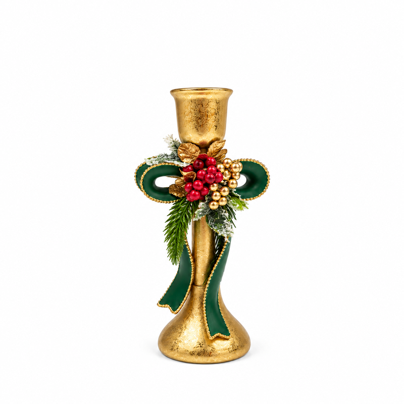 Resin Bow Candle Holder with Christmas Decoration, 9 × 20 cm