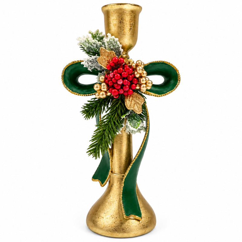 Resin Bow Candle Holder with Christmas Decoration, 12 × 26 cm, with Box