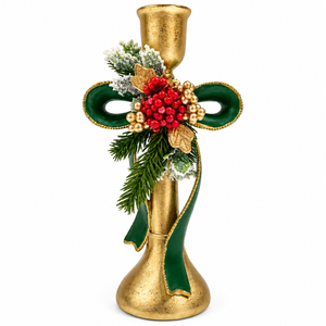 Resin Bow Candle Holder with Christmas Decoration, 12 × 26 cm, with Box – Red