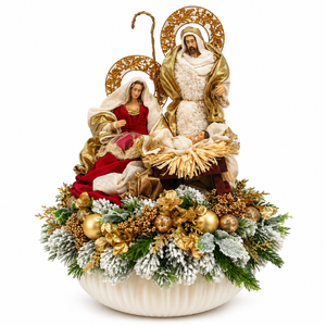 Fabric Pouf with Nativity Scene and Christmas Decoration, 37 × 31 cm – Ivory/Burgundy