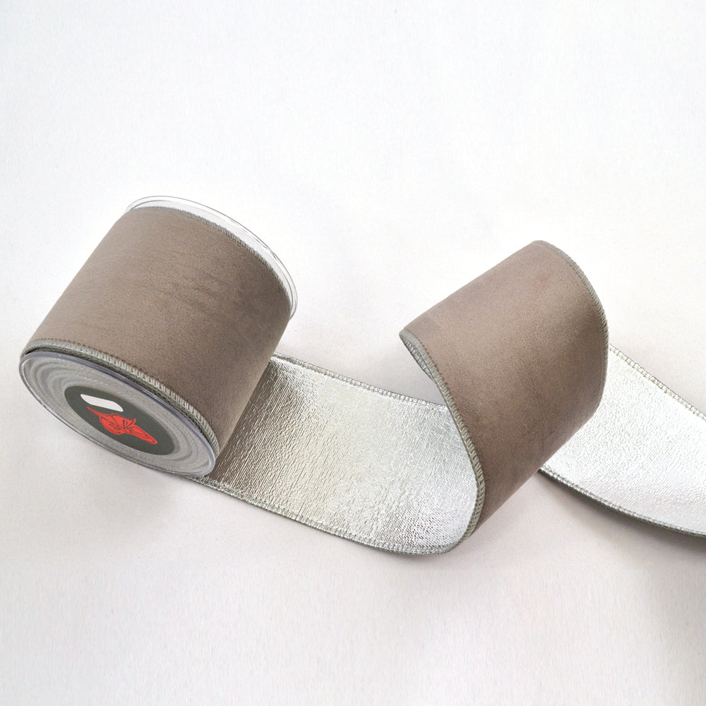 Grey Holland Velvet Double Face Foil Ribbon (10cm x 4.5m)