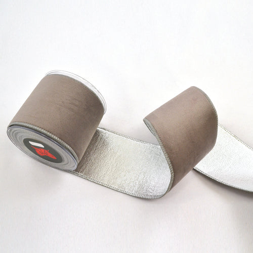 Grey Holland Velvet Double Face Foil Ribbon (10cm x 4.5m)
