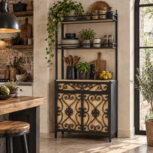 Metal Wood Shelf Cabinet Black Natural