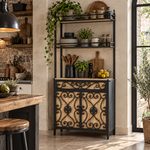 Metal Wood Shelf Cabinet Black Natural