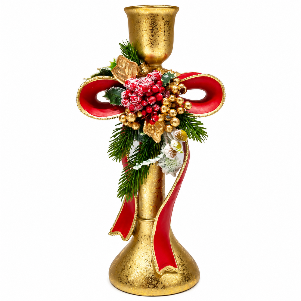 Resin Bow Candle Holder with Christmas Decoration, 12 × 26 cm, with Box