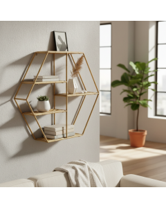 Metal Wood Wall Shelf Golden Natural