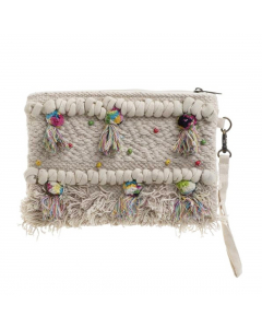 Cotton clutch w fringe beige