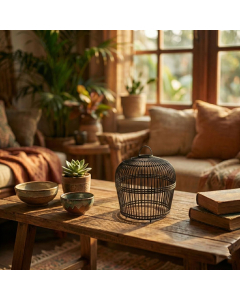 Medium Open-Weave Bamboo Pendant – Black  (54cm)