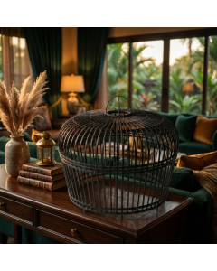 Large Open-Weave Bamboo Pendant – Midnight Black (96x72cm)